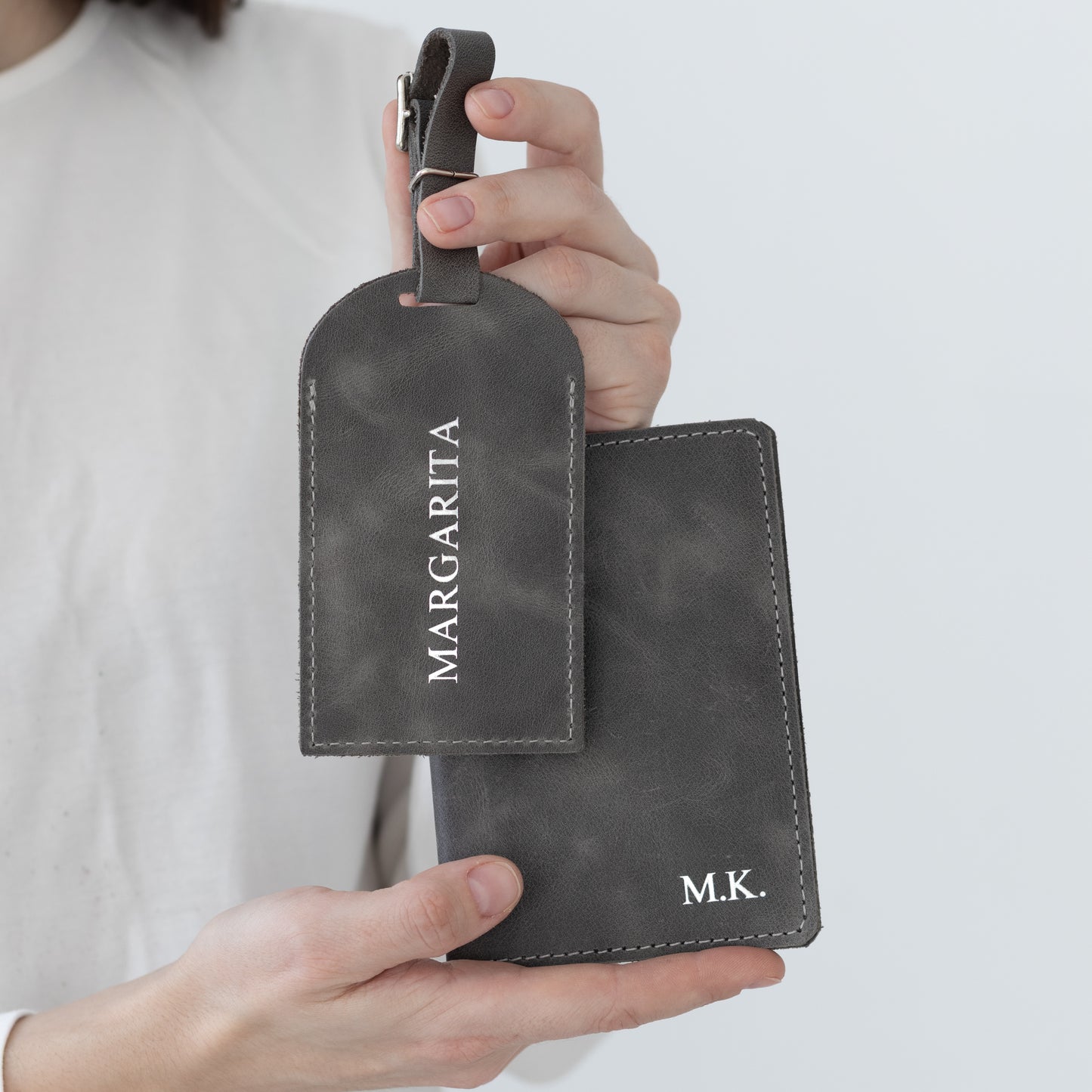 Personalized leather passport cover and luggage tag - Doco Royal Silver