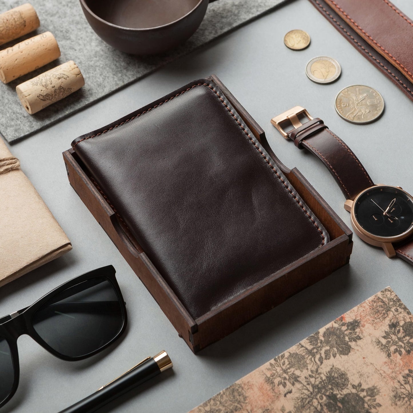 Family Leather Passport Wallet with Name - Brown