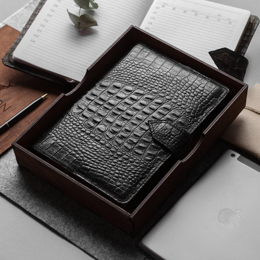 Men's A5 Leather Notebook – Croco-Textured Cover in Black