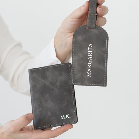 Personalized leather passport cover and luggage tag - Doco Royal Silver