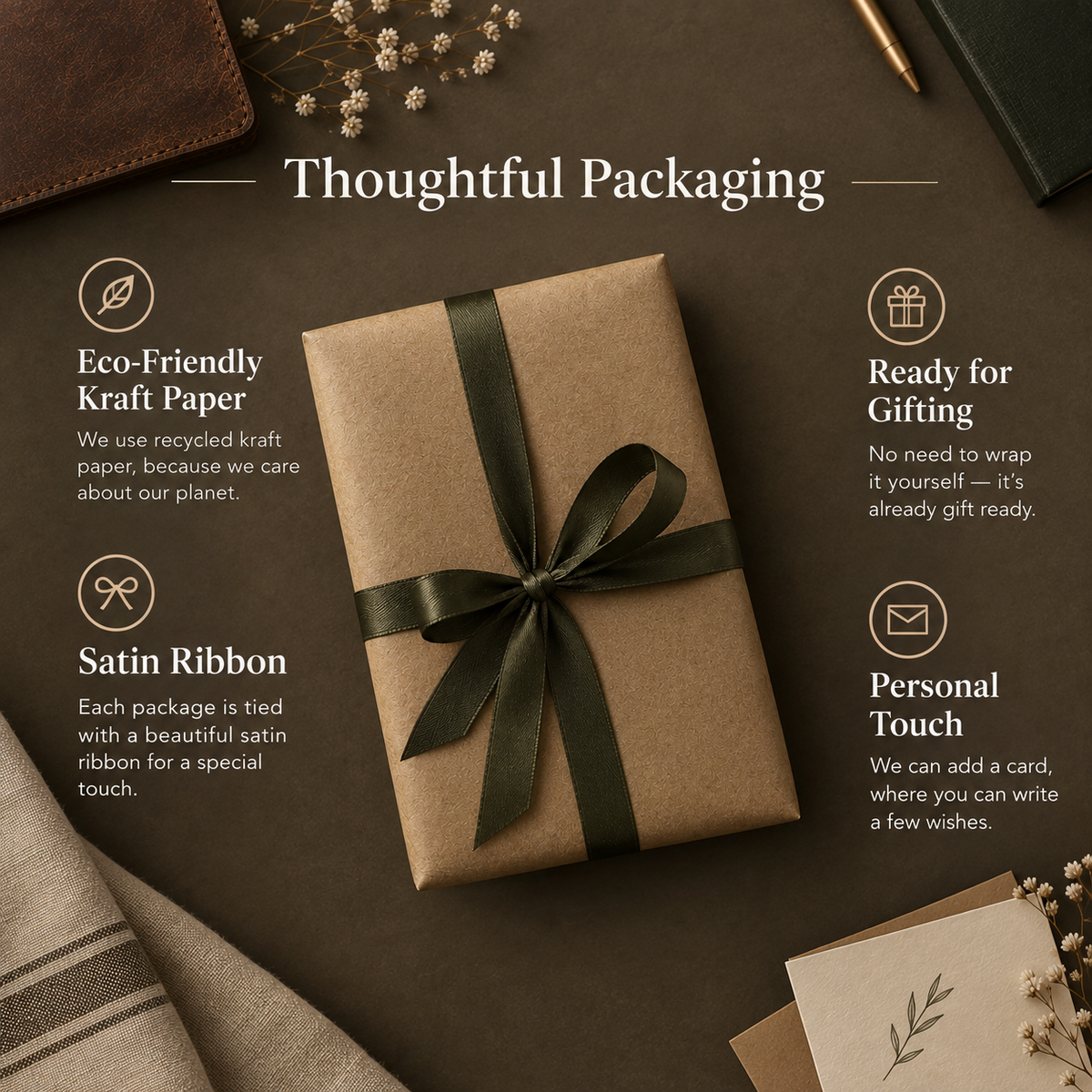 Kraft paper gift box tied with a green ribbon for the leather passport holder